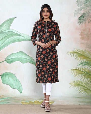 Women’s Elegant Floral Printed Straight Kurta with Notch Neckline Button Placket Detail and 3/4th Sleeves - Black