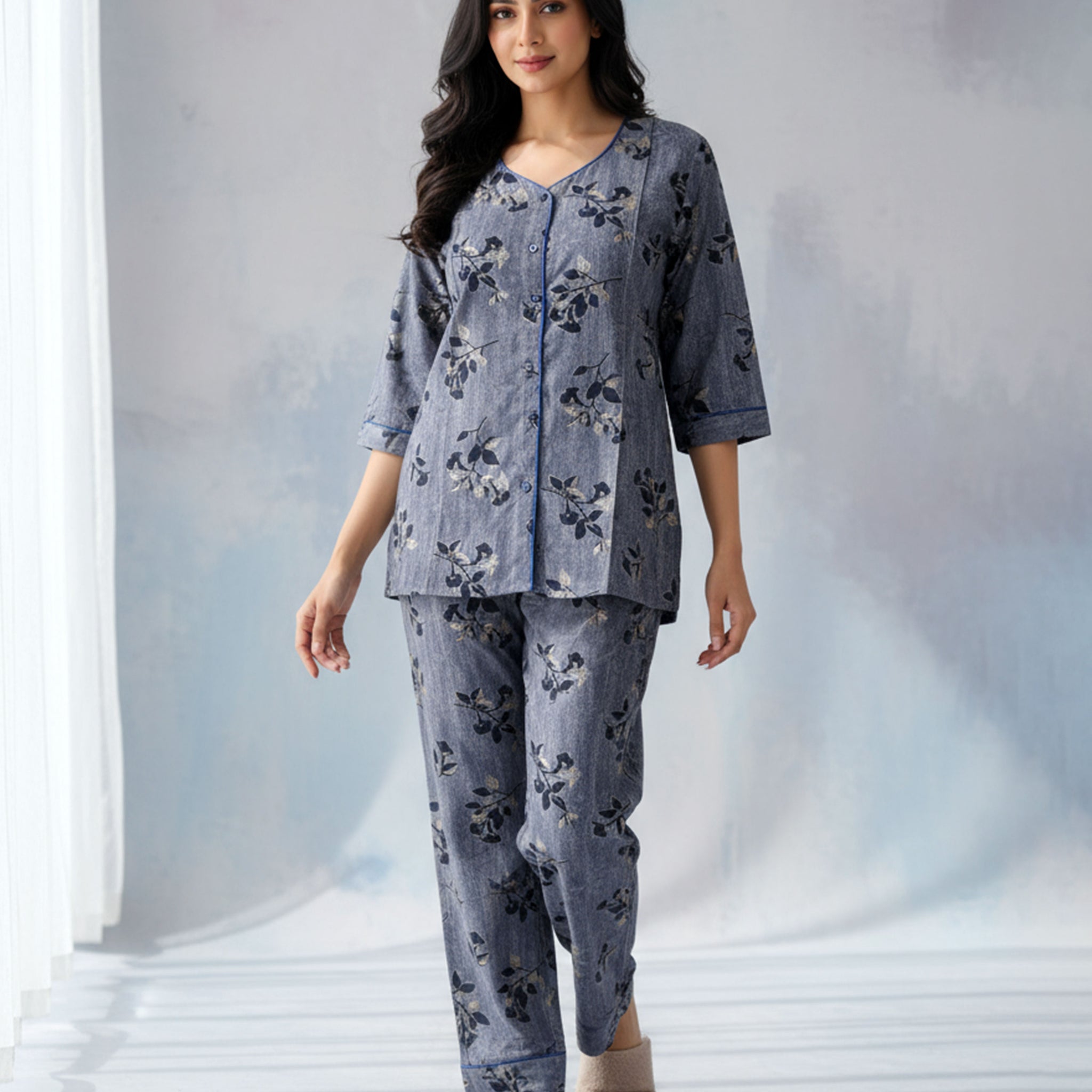 Women's Floral Print Long Sleeve Night Wear - Grey