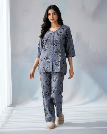Women's Floral Print Long Sleeve Night Wear - Grey