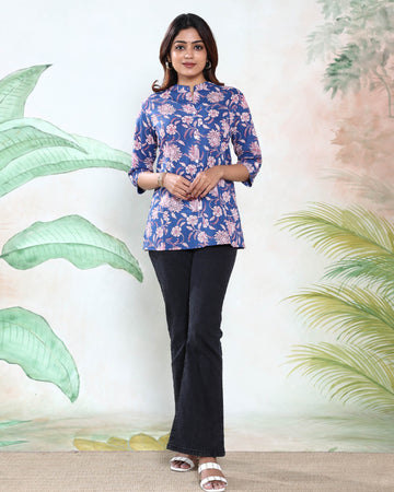 Women’s Floral Printed Straight-Cut Kurti with Mandarin Collar Front Button Placket & 3/4th Sleeves - Blue