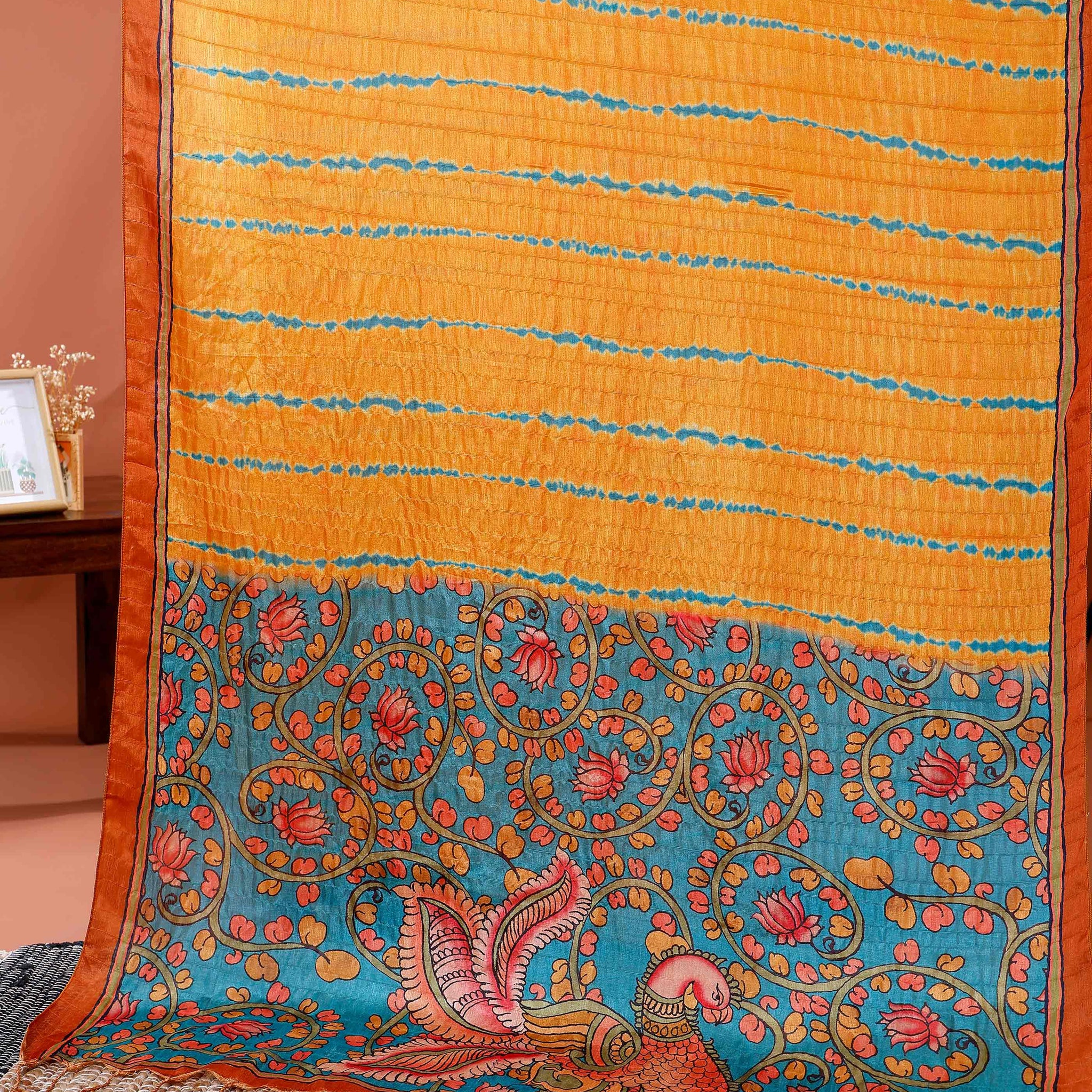 Elegant Semi Tussar Silk Saree with Intricate Nature-Inspired Patterns and Textured Stripes - Yellow