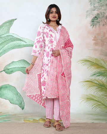 Women’s Floral Print Straight-Cut Kurta Readymade Salwar Suit Set with Striped Dupatta and Matching Pants - White & Pink