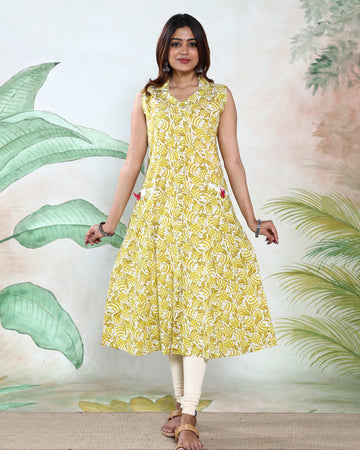 Women’s Printed A-Line Kurta with Collared V-Neck Sleeveless Design Front Button Detailing and Flared Hem - Yellow