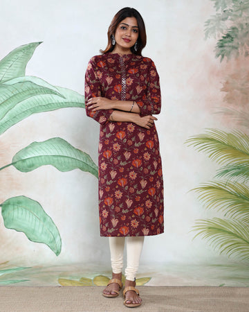 Women’s Floral Printed Straight Fit Kurta with Mandarin Collar Decorative Front Placket and 3/4th Sleeves - Maroon