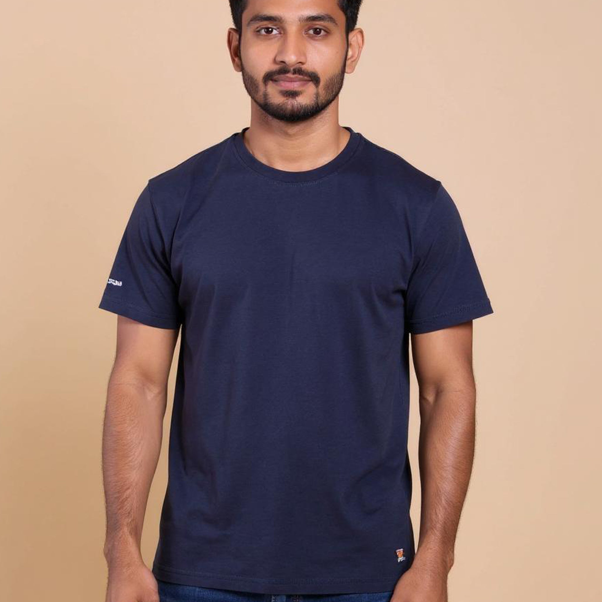Nativebull Men's Solid Round Neck Half Sleeve Cotton T-Shirt - Navy Blue