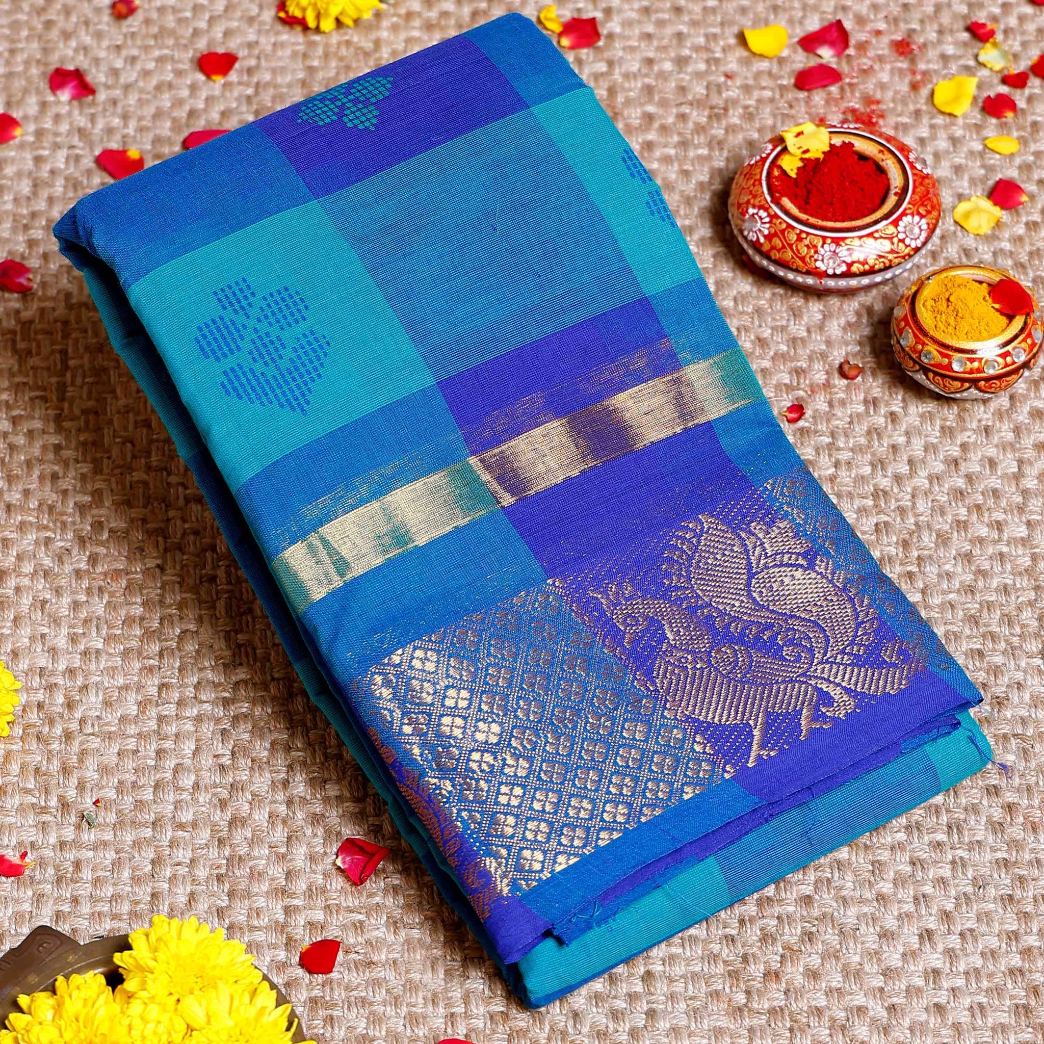 Traditional Chettinad Cotton Saree with Zari Woven Border & Checks - Blue