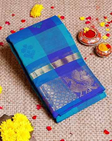 Traditional Chettinad Cotton Saree with Zari Woven Border & Checks - Blue