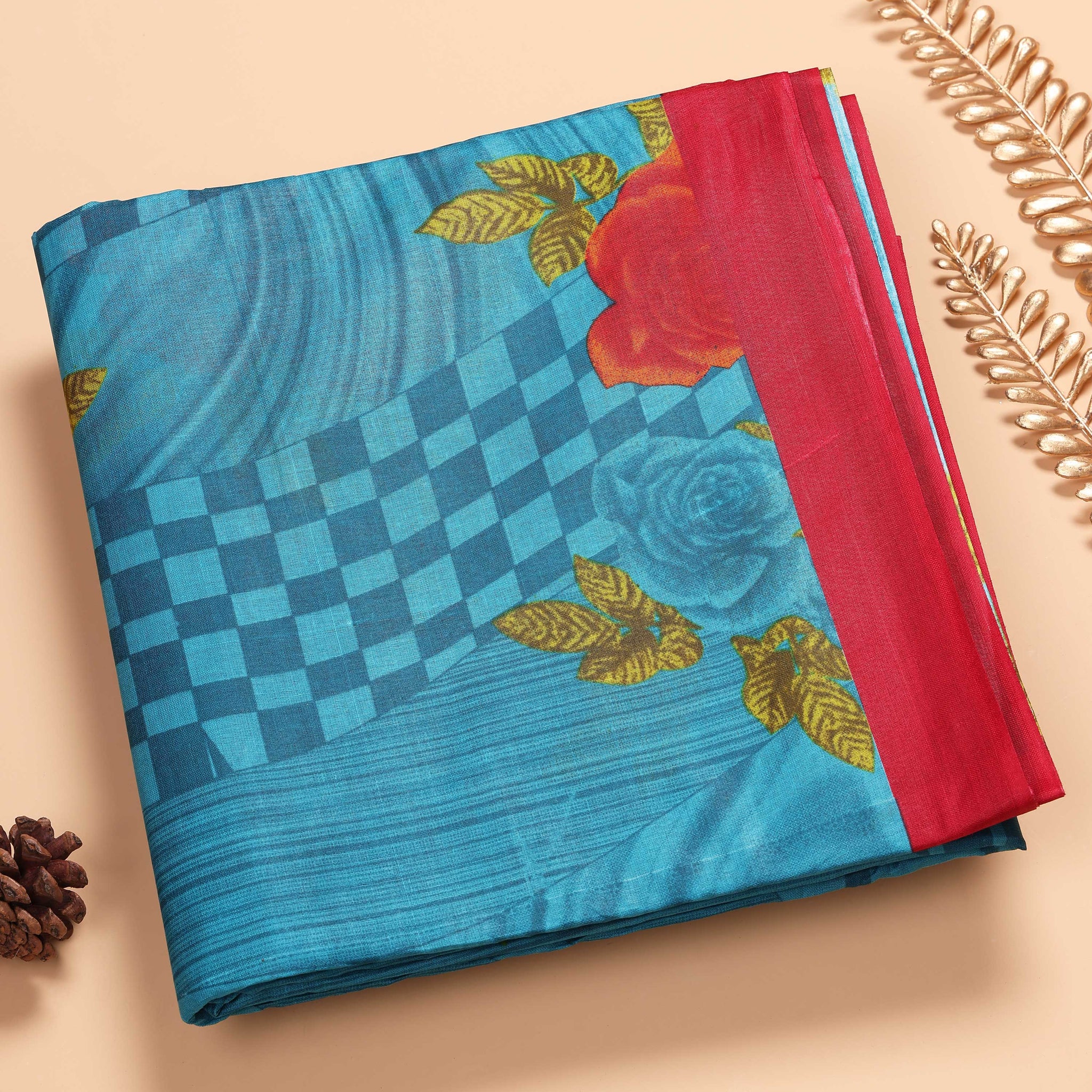 Blue Voile Cotton Saree Without Blouse