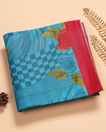 Blue Voile Cotton Saree Without Blouse