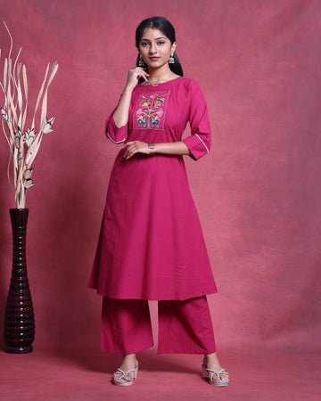 Stylish Women’s Kurta with Palazzo Pants Set Elegant Ethnic Wear Detailed Embroidery - Rani Pink