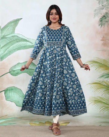 Women’s Floral Printed Anarkali Kurta with Gathered Flared Silhouette Round Neck and 3/4th Sleeves - Teal Blue