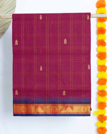 Checked Venkatagiri Cotton Saree with Zari Butta and Temple Border - Maroon