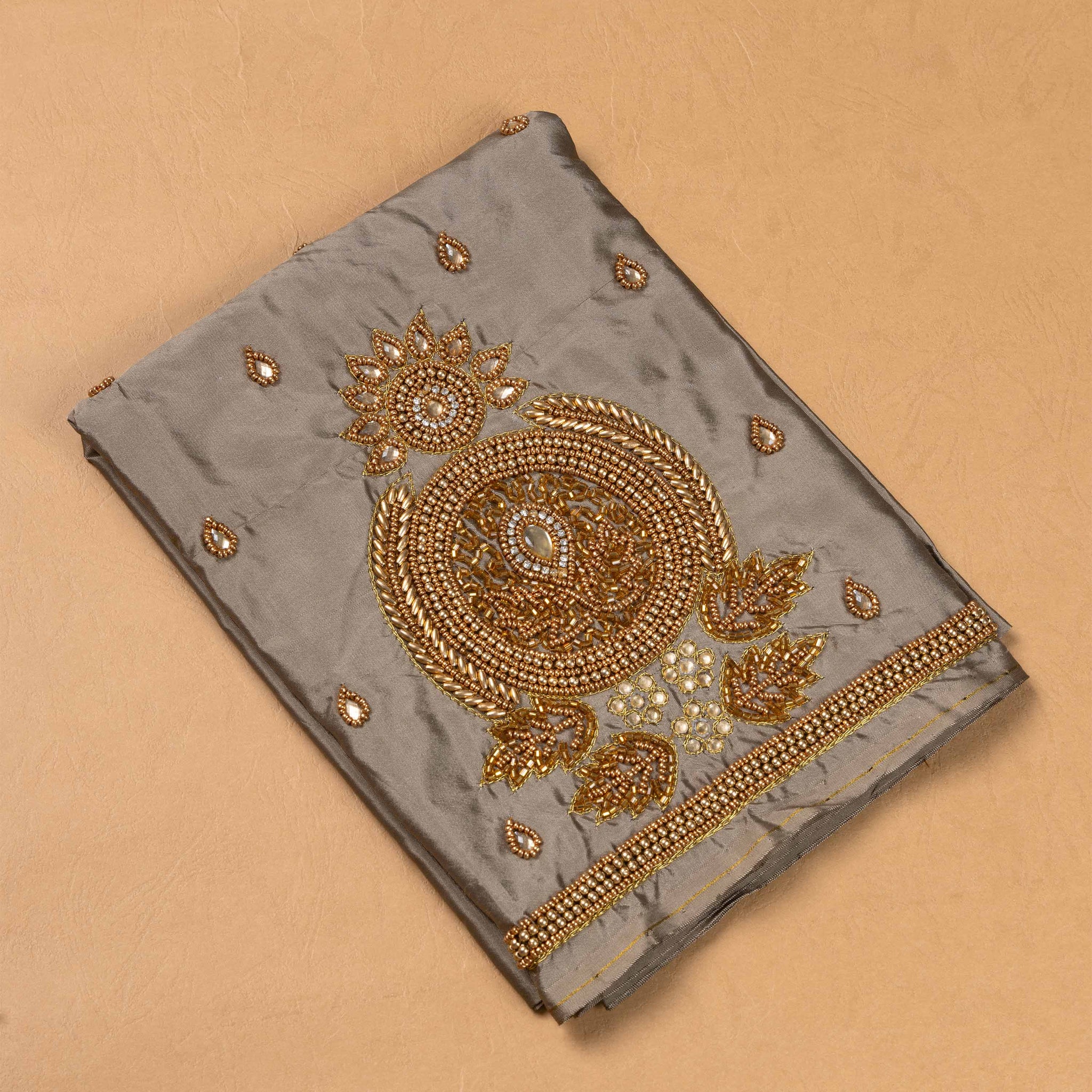 Unstitched Blouse Material with Intricate Gold Aari Embroidery & Mirror Work - Brown