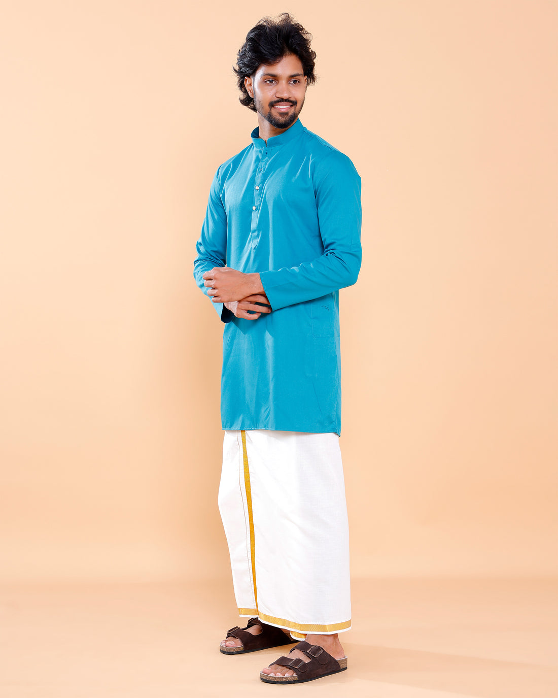 Elegant Men's Solid Mandarin Collar Kurta with Full Sleeves - Turquoise