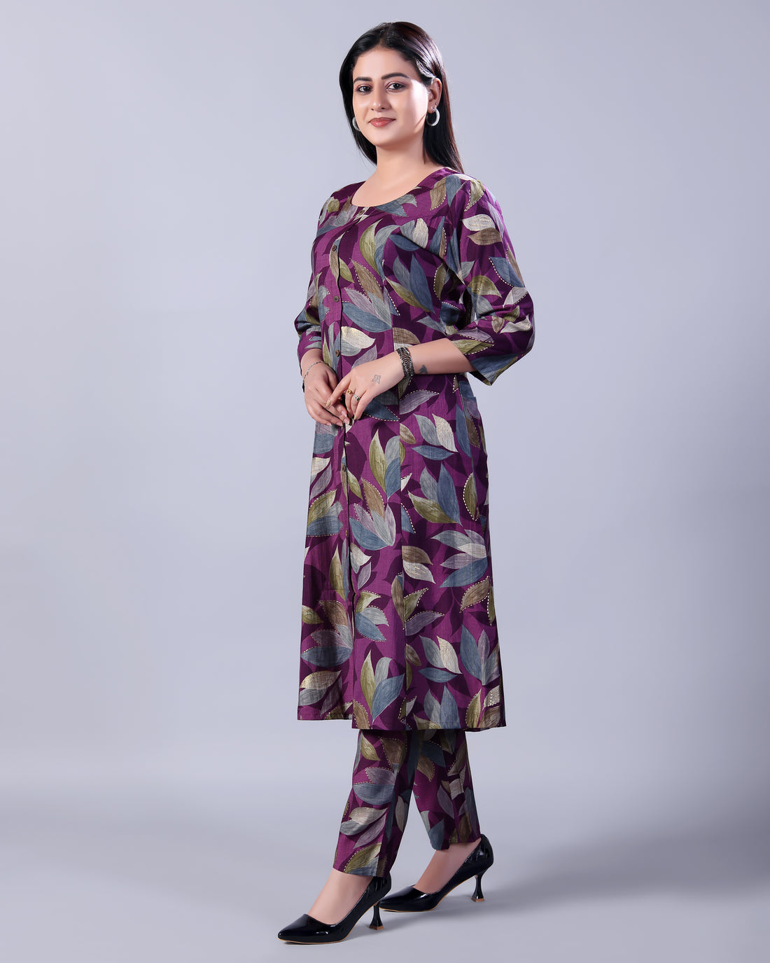 Contemporary Leaf Printed A-Line Kurta with Straight Palazzo - Purple