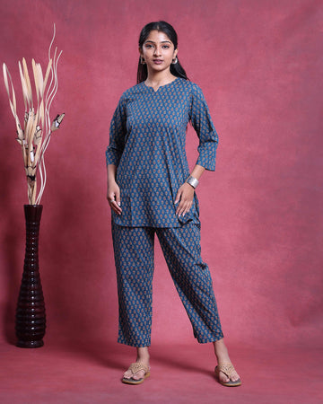 Women’s Printed Nightwear Set with Straight Fit Top and Comfortable Tapered Pants - Blue