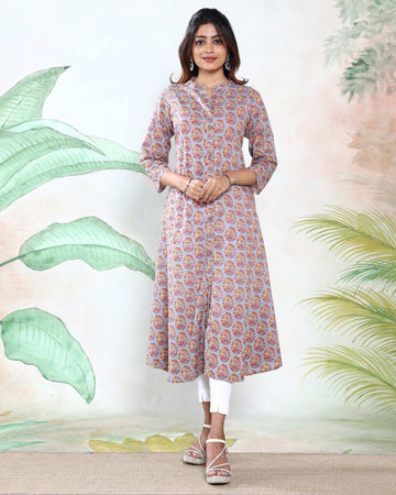 Women’s Floral Printed Straight Fit Kurta with Mandarin Collar Button-Down Front and 3/4th Sleeves - Grey