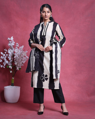 Women’s Readymade Salwar Set with Pants & Dupatta Elegant Straight Silhouette with Floral Motif and Panel Print - Off White