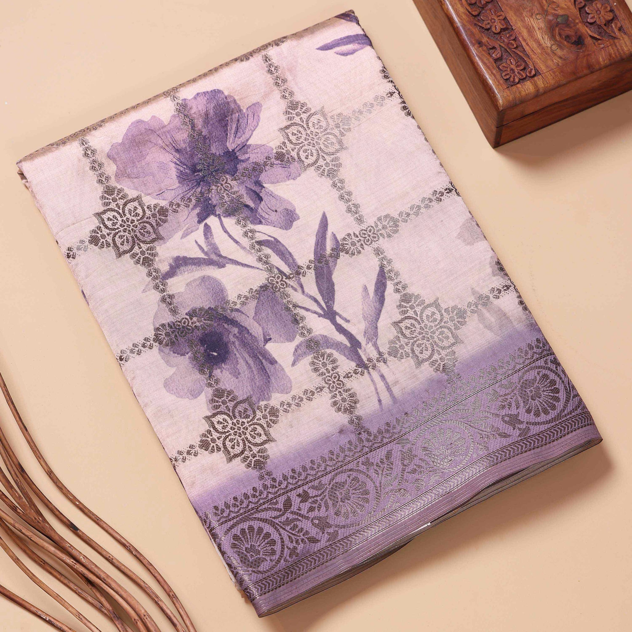 Floral Pattern Dola Silk Saree With Woven Border - Purple