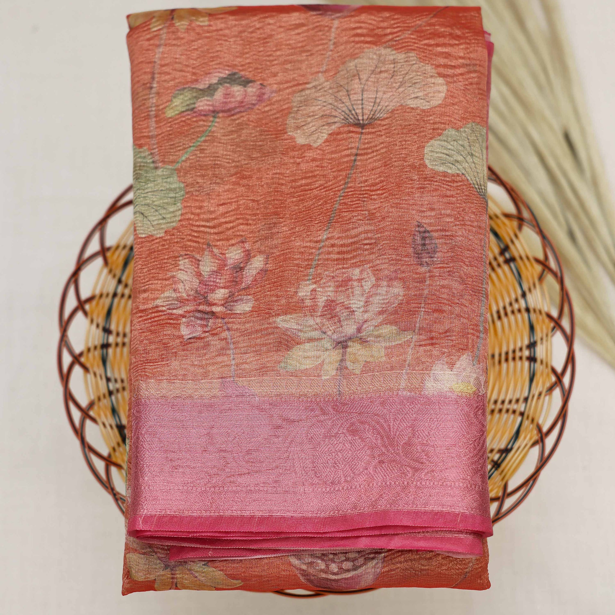 Orange Color Printed Tissue Saree