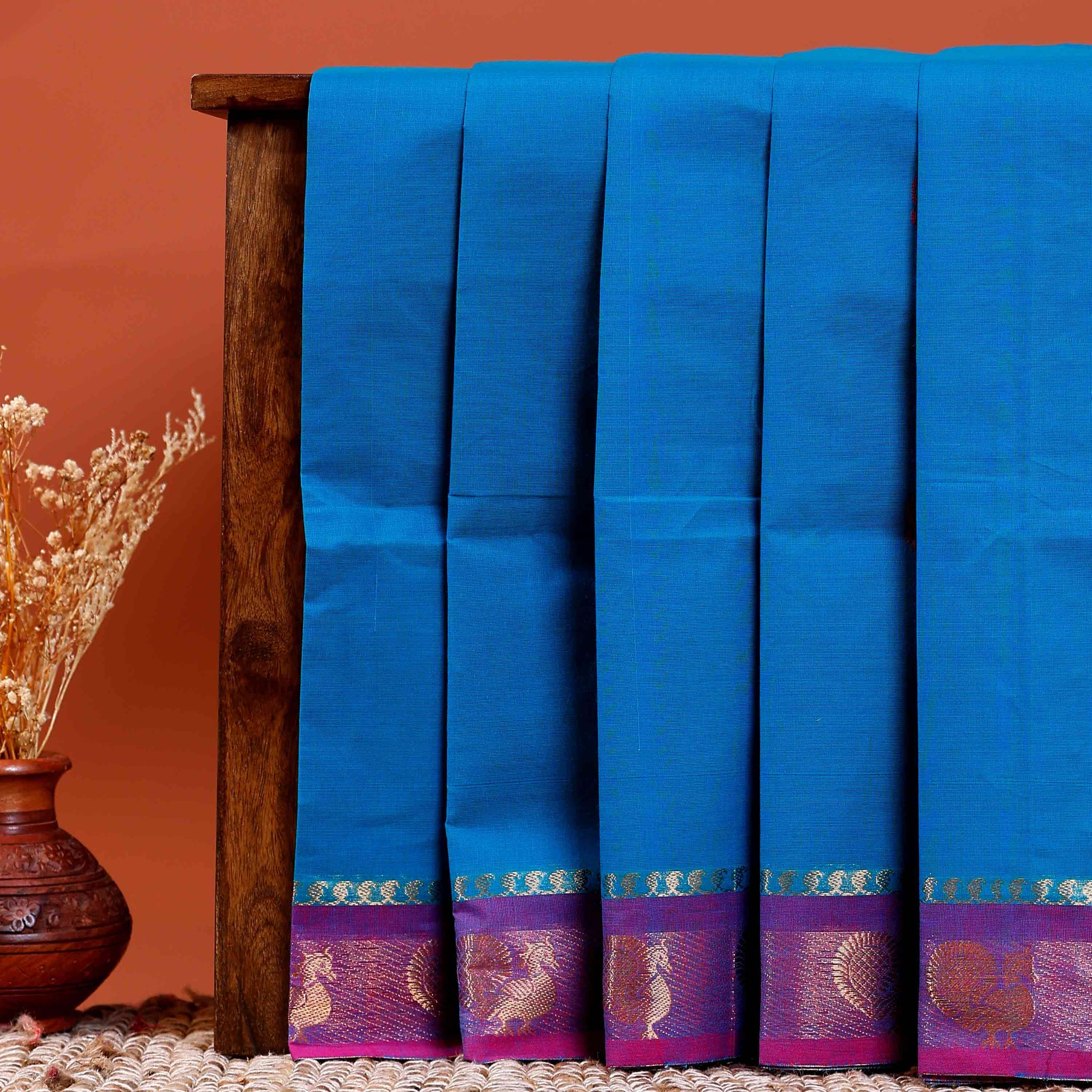 Handloom Chettinad Cotton Saree with Rich Zari Peacock Motif Border and Elegant Contrast Pallu - Blue