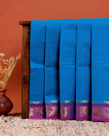 Handloom Chettinad Cotton Saree with Rich Zari Peacock Motif Border and Elegant Contrast Pallu - Blue