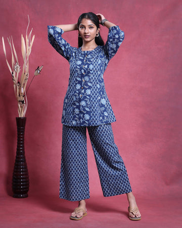 Women’s Floral Printed Nightwear Set with Button Front Top and Relaxed Fit Wide Leg Pants - Blue