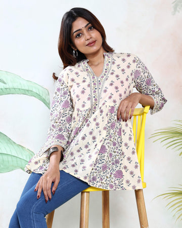 Women’s Floral Printed Cotton Kurti with Mandarin Collar 3/4th Sleeves and Gathered Flared Hem - Cream