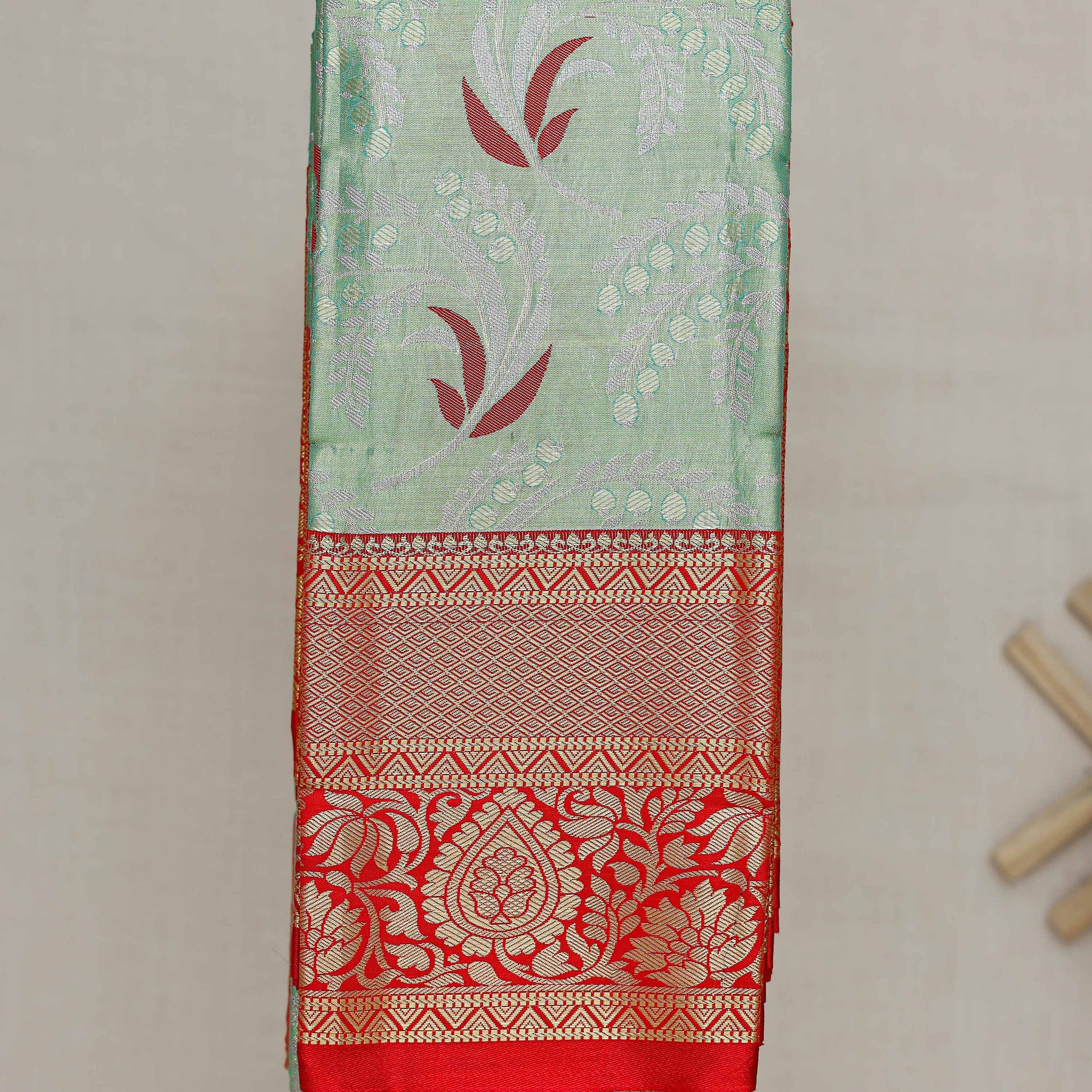 Kanchipuram Tissue Saree with Traditional Zari Weave and Floral Motifs - Green