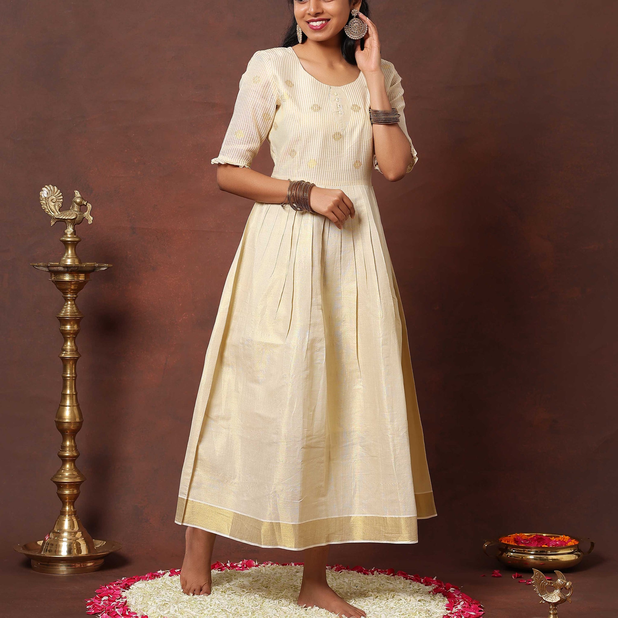 Elegance Traditional Kasavu-Inspired Anarkali Kurta - Ivory