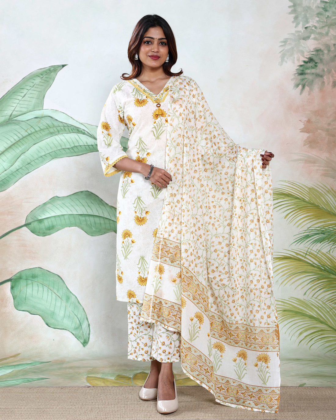 Women’s Polka Dot Printed Readymade Salwar Suit Set with Straight Kurta Matching Pants and Coordinated Dupatta, White