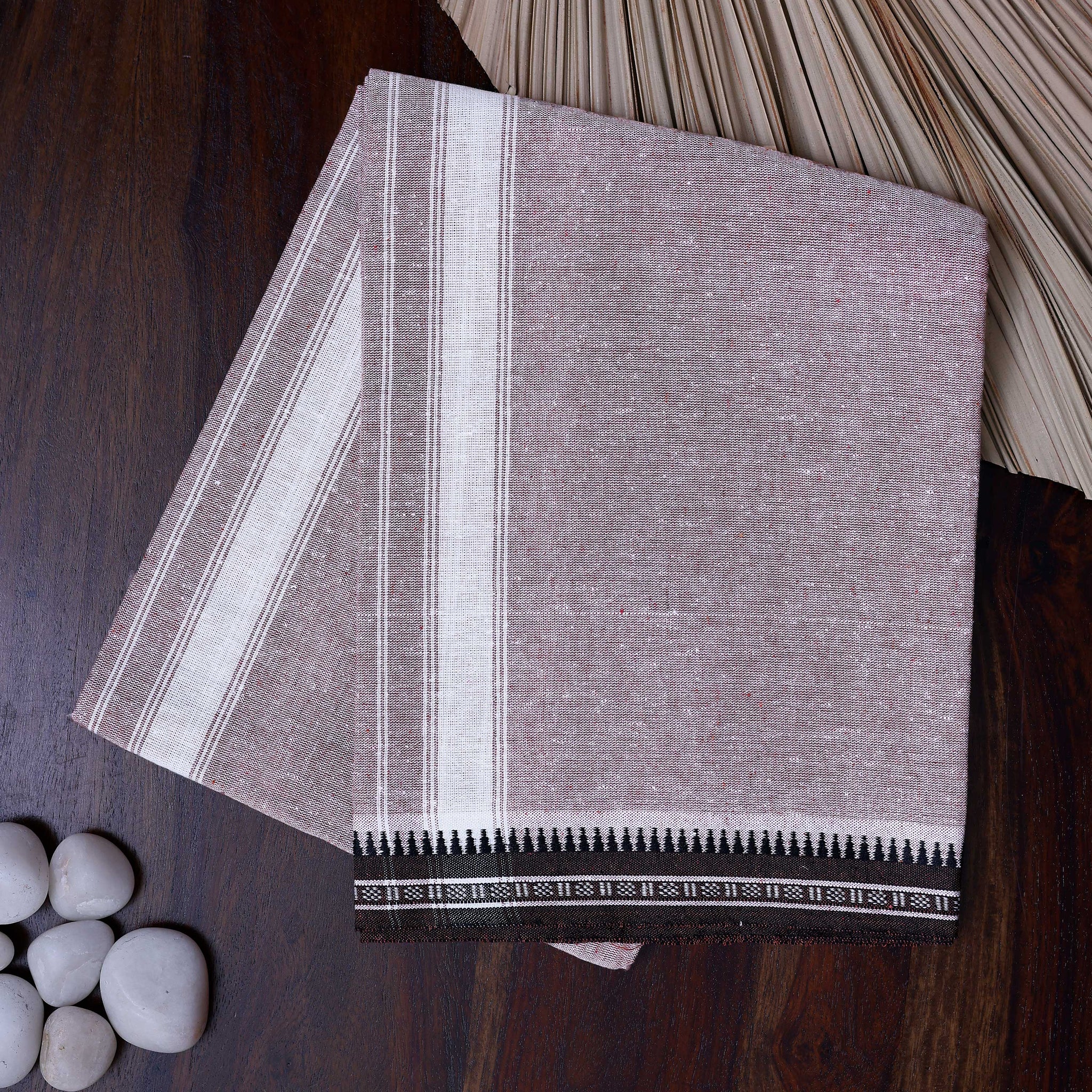 Men's Handloom Cotton Dhoti with Striped Pattern and Black Border - Brown