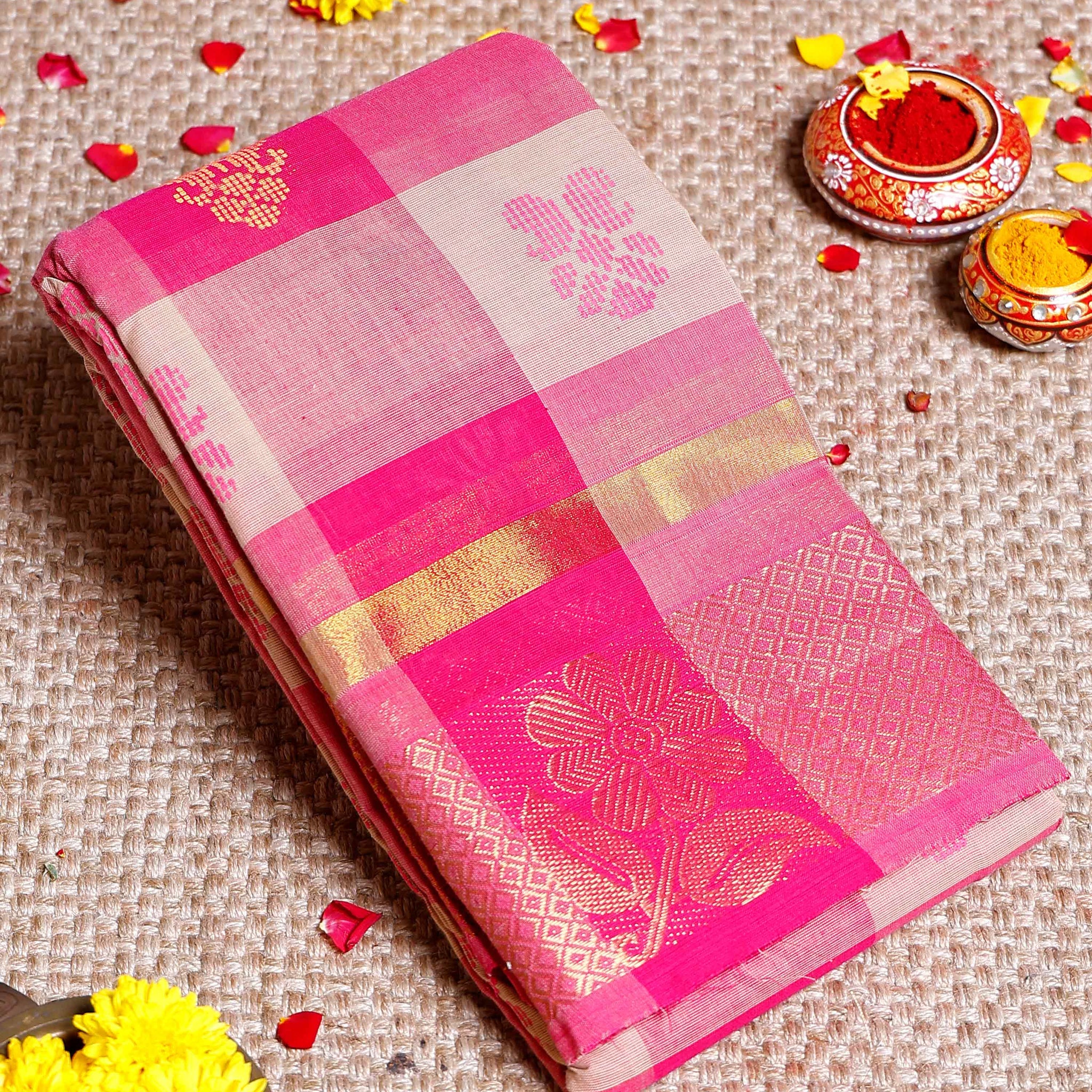 Traditional Handloom Woven Chettinad Cotton Saree with Floral Zari Motifs  - Multi