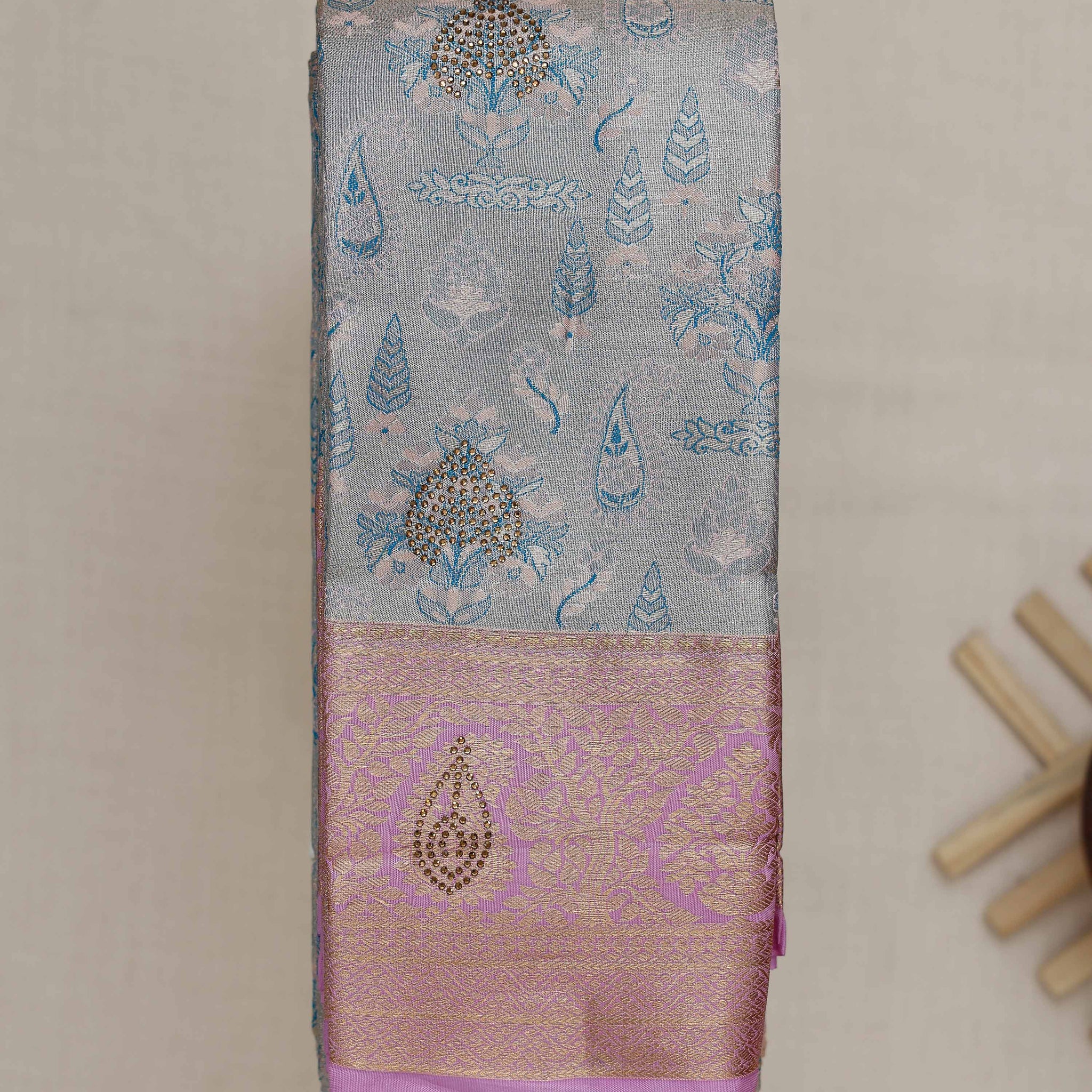 Grey Printed Kanchipuram Tissue Saree