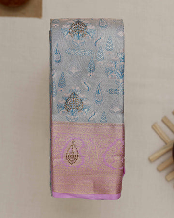 Grey Printed Kanchipuram Tissue Saree