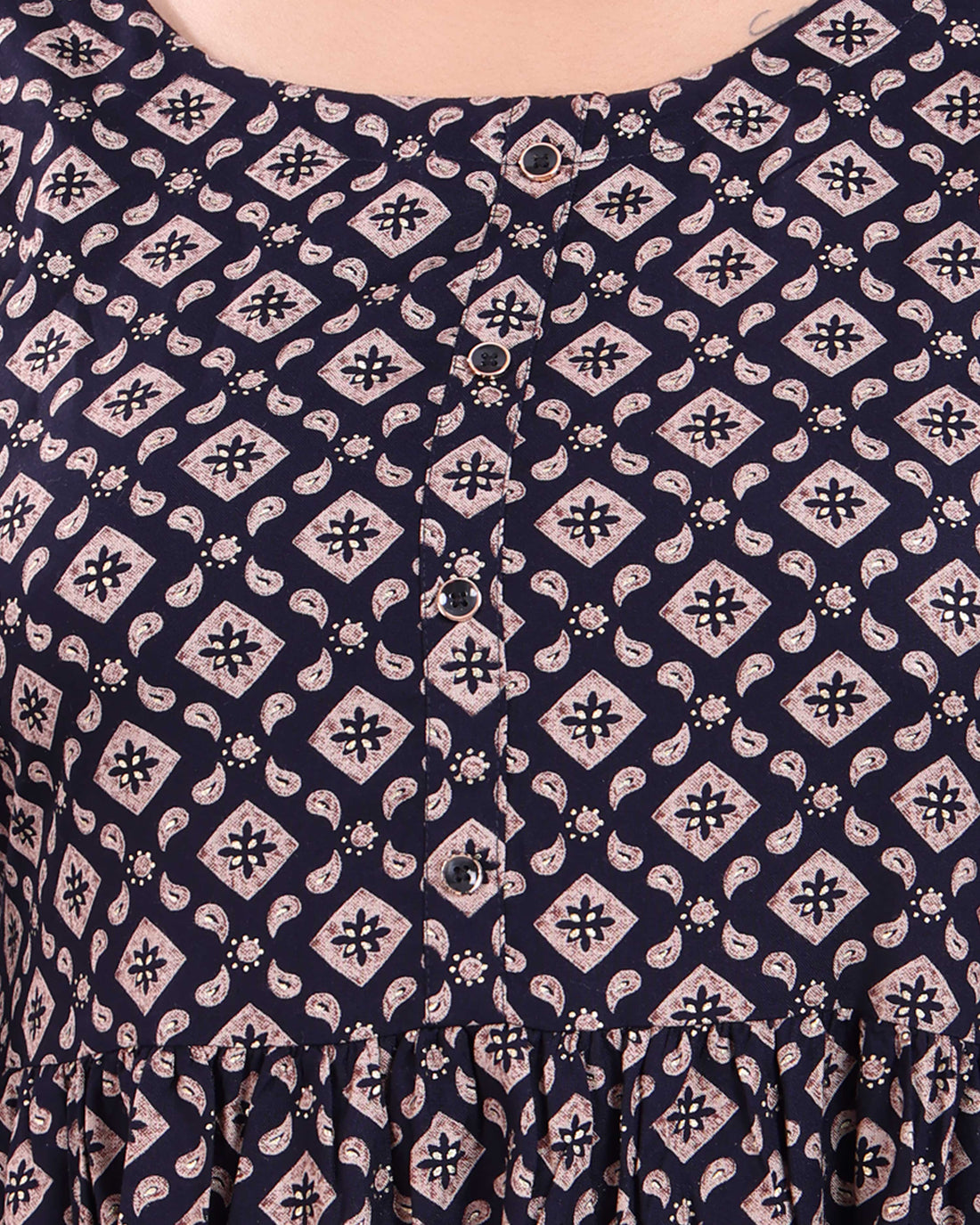 Women's Block Printed Cotton Flared Kurta - Navy Blue