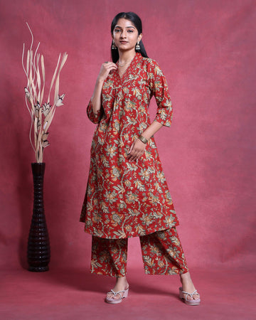 Elegant Floral Printed Kurta with Coordinated Palazzo Pants and 3/4th Sleeves  - Red