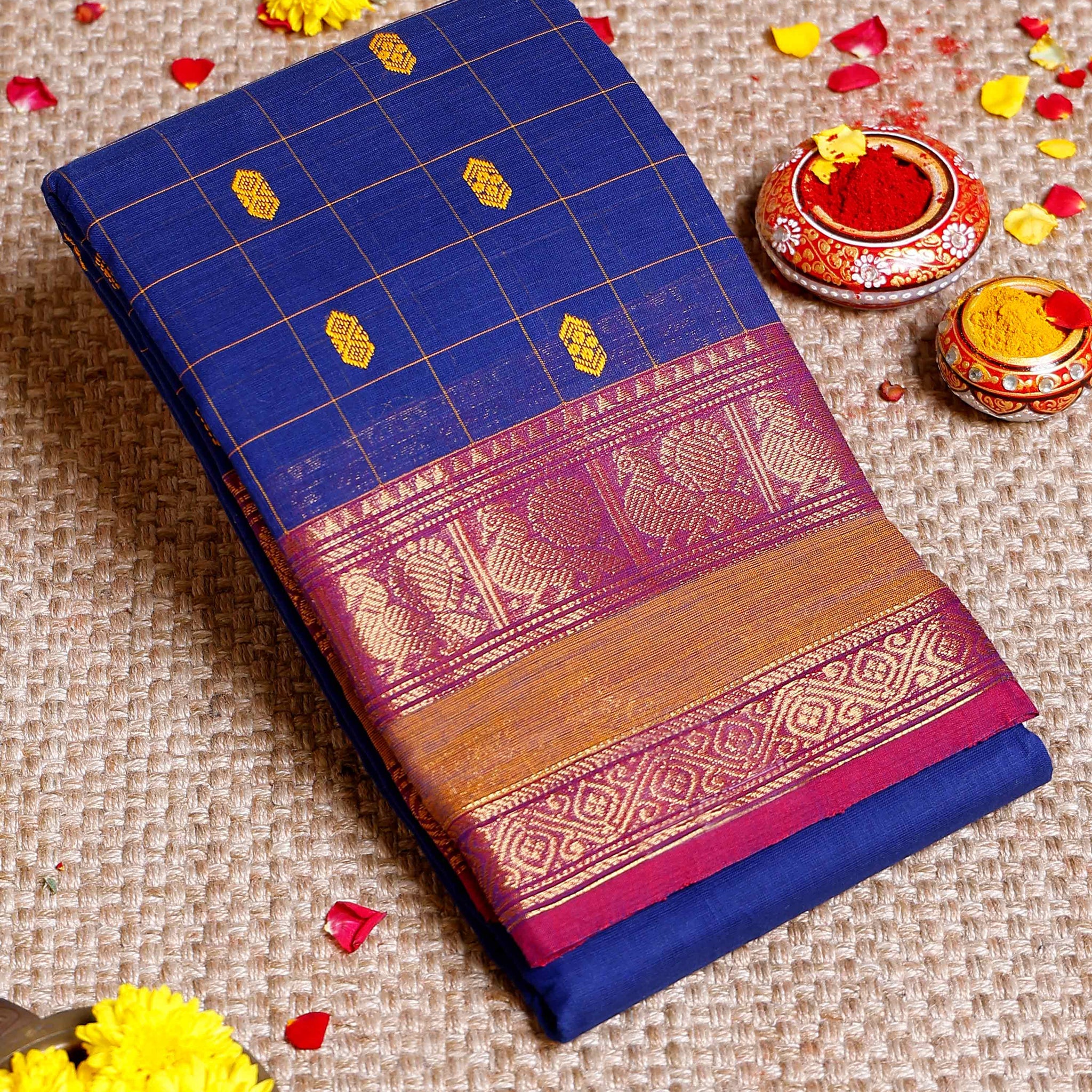 Elegant Chettinad Cotton Saree with Traditional Zari Border & Butta Motifs - Blue