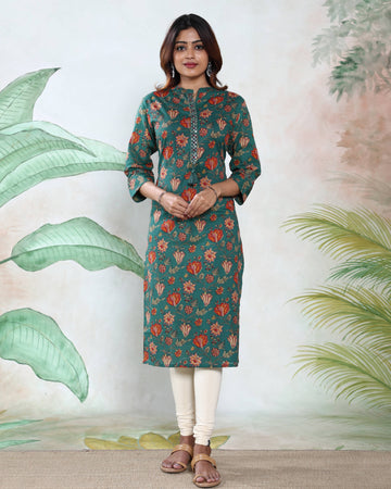 Women’s Floral Printed Straight Fit Kurta with Mandarin Collar Decorative Front Placket and 3/4th Sleeves - Green