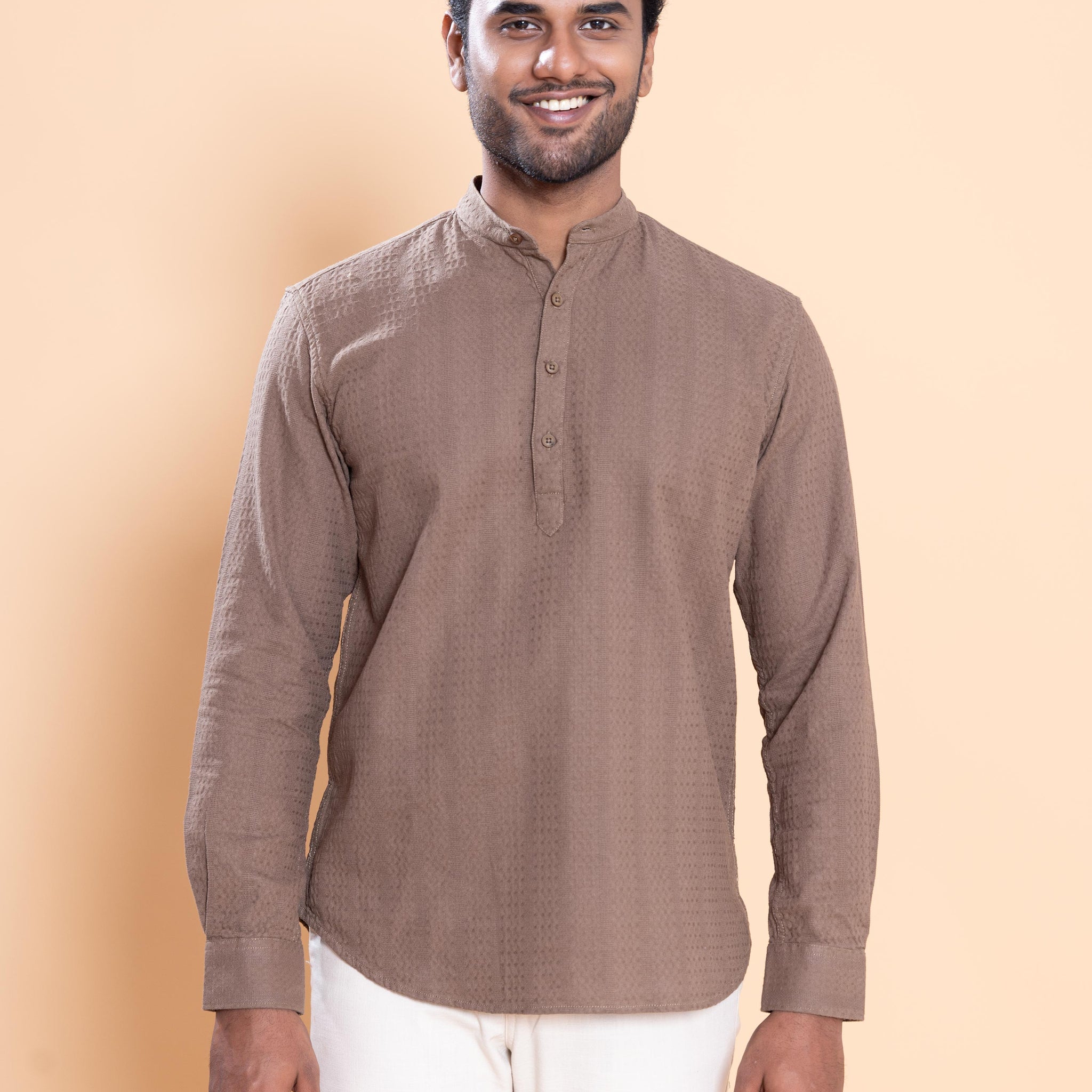 Nativebull Men Textured Full Sleeve Cotton Shirt - Brown