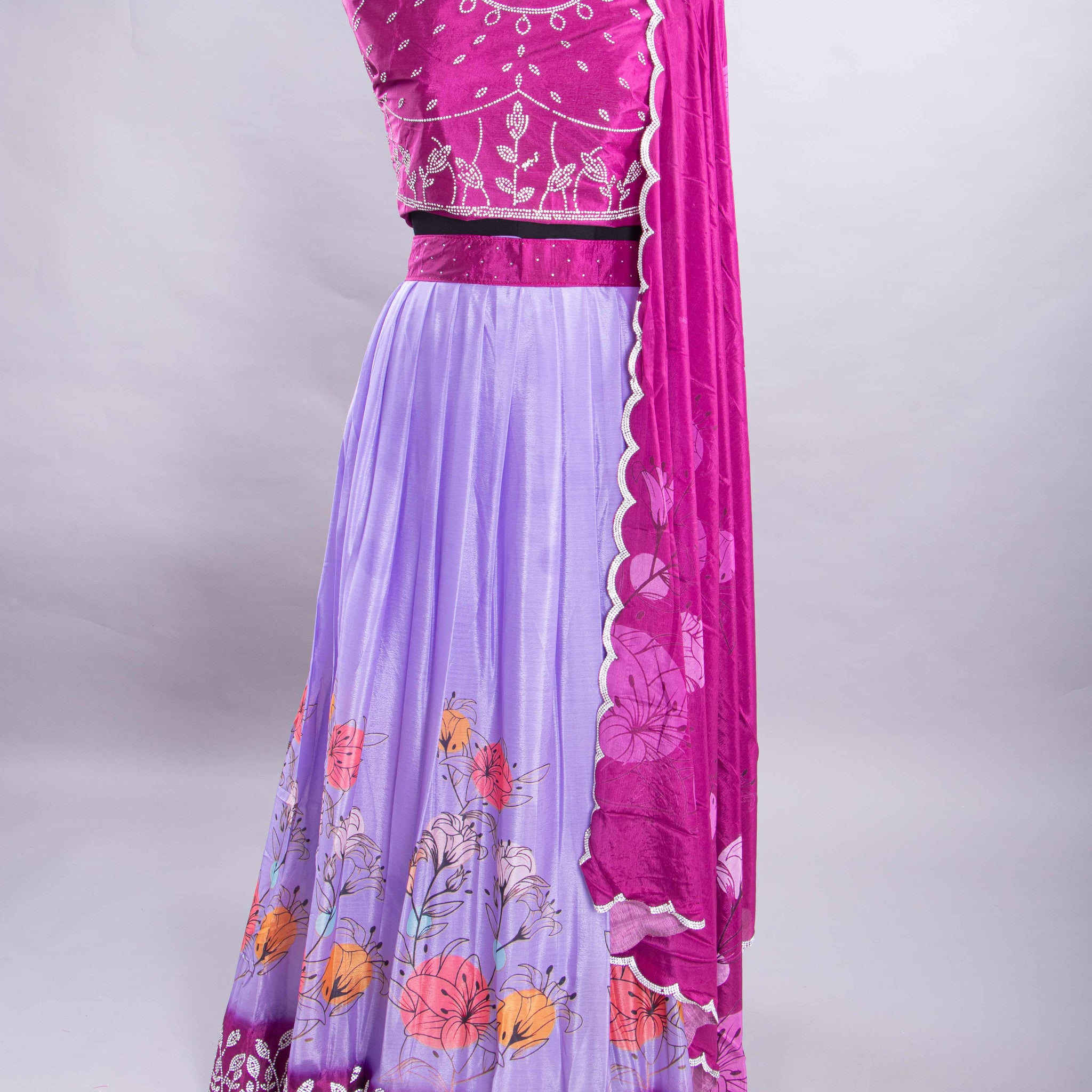 Lavender With Purple Colour Embroidered Semi - Stitched Lehenga