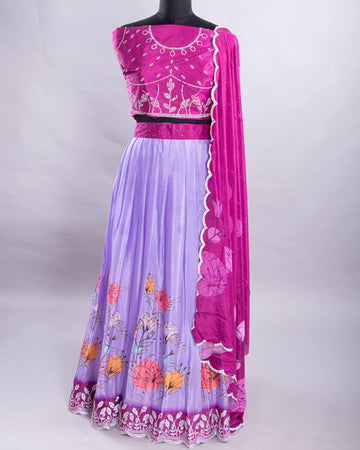 Lavender With Purple Colour Embroidered Semi - Stitched Lehenga