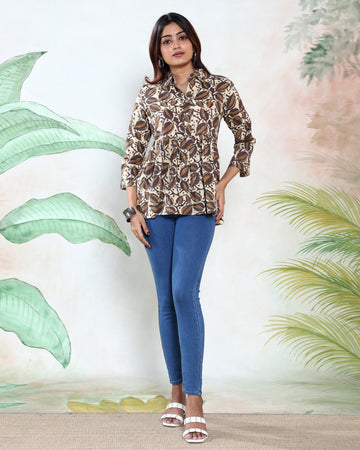 Women’s Leaf Print Collared A-Line Kurti with 3/4th  Sleeves and Button-Down Front - Beige