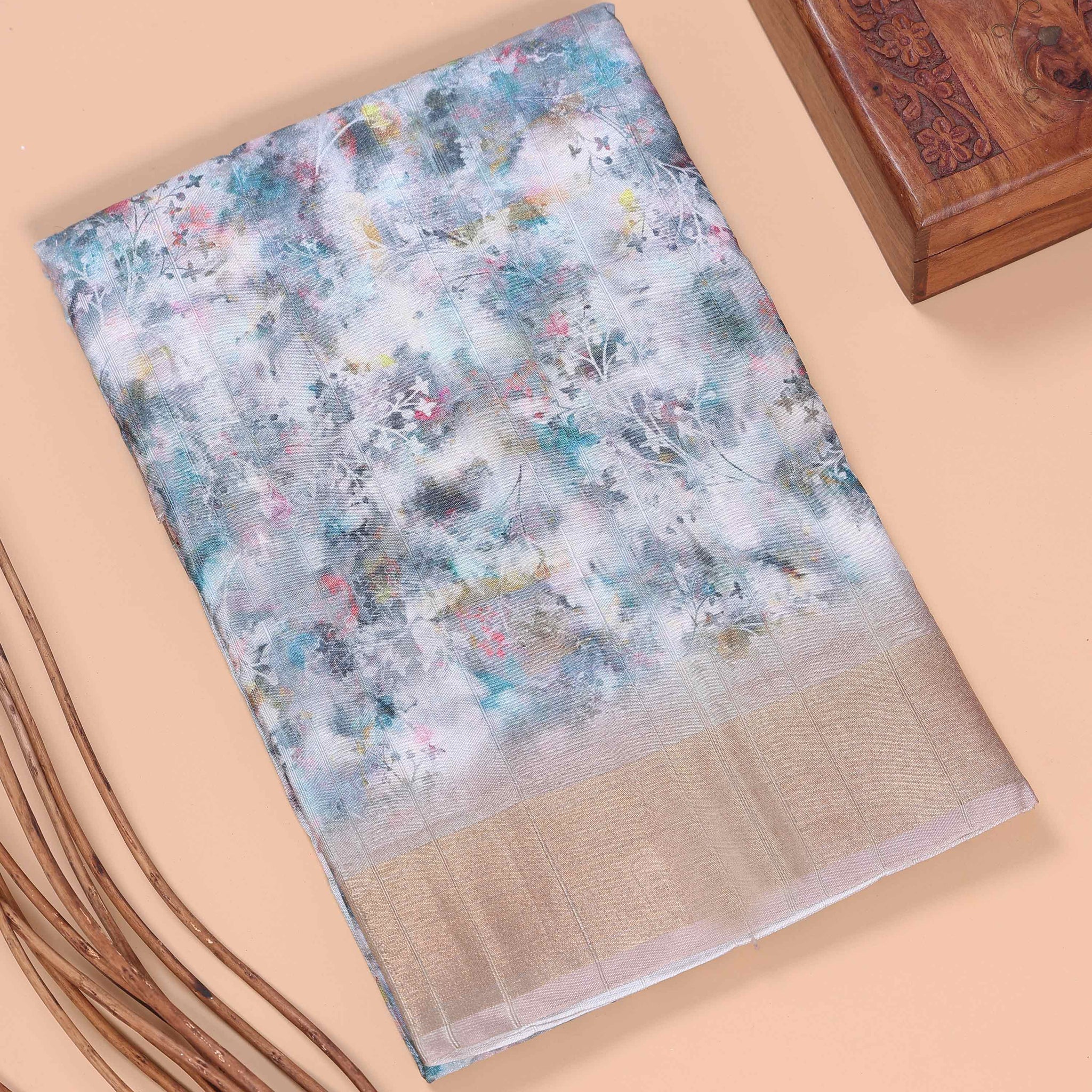 Floral Pattern Dola Silk Saree With Woven Border - Multi