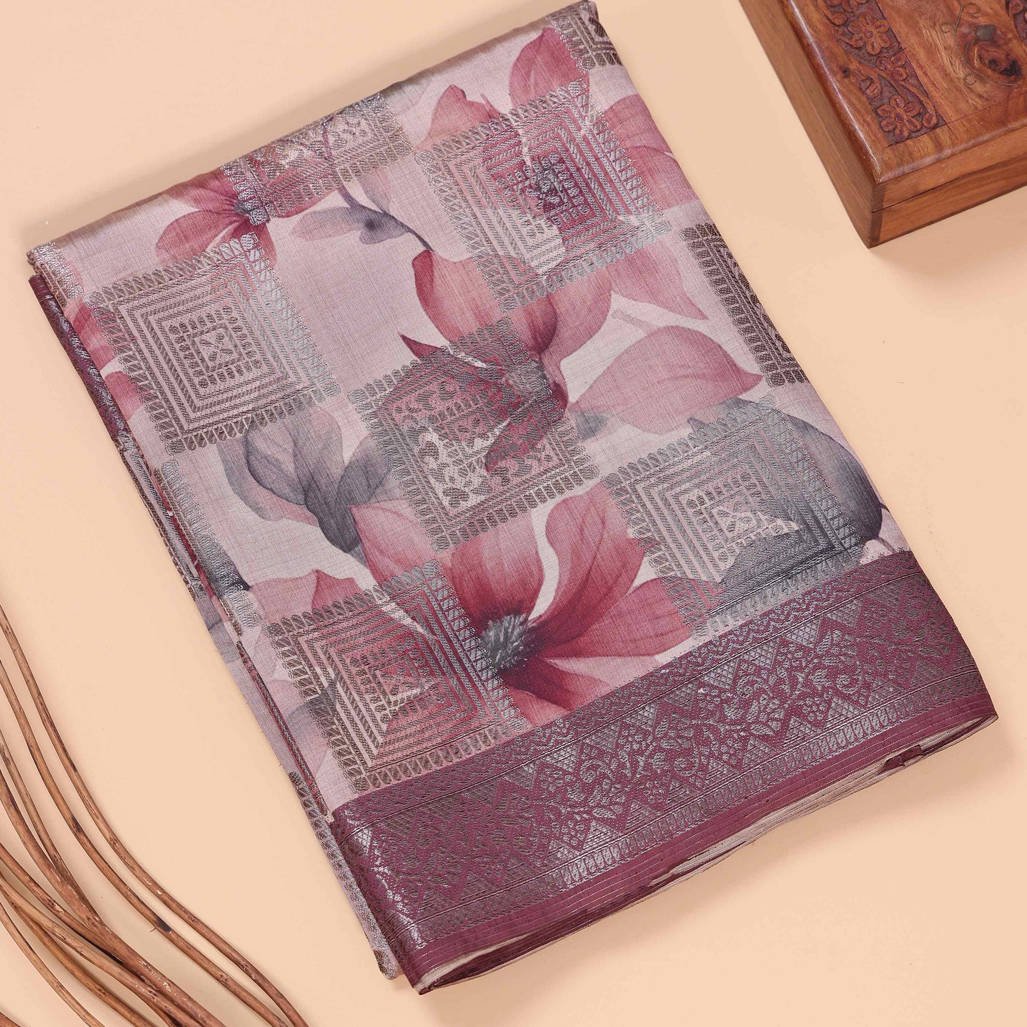 Floral Pattern Dola Silk Saree With Woven Border - Multi