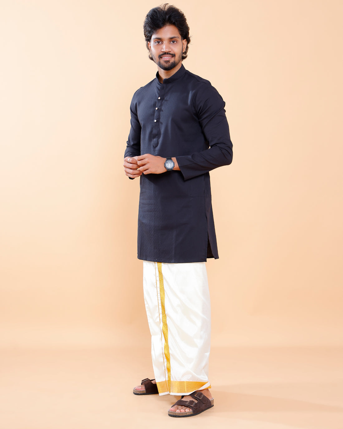 Elegant Men's Woven Design Kurta with Mandarin Collar and Full Sleeves - Navy Blue