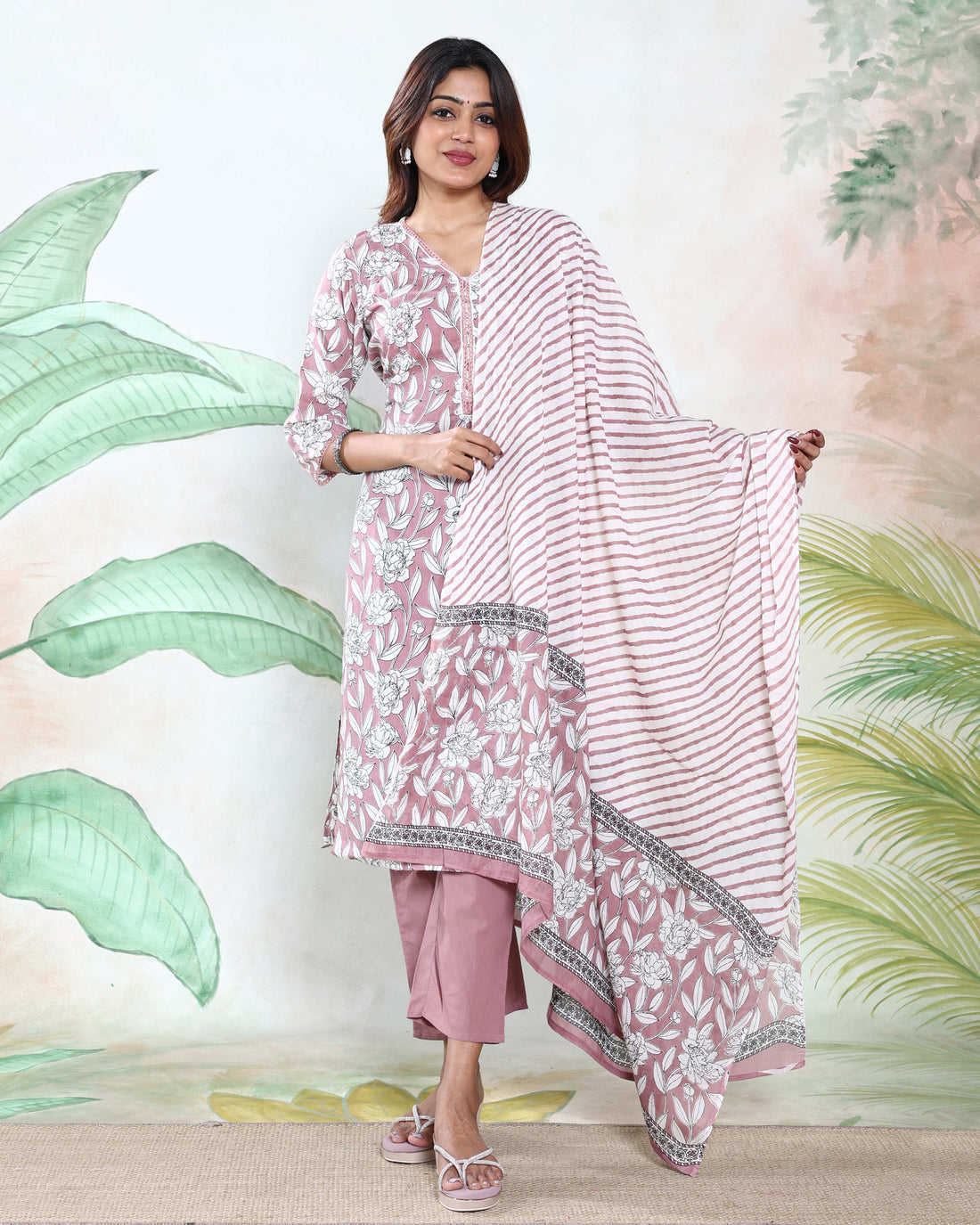 Women’s Readymade Salwar Suit Set with Floral Printed Straight Kurta, Pants & Striped Dupatta, Onion Pink Full View