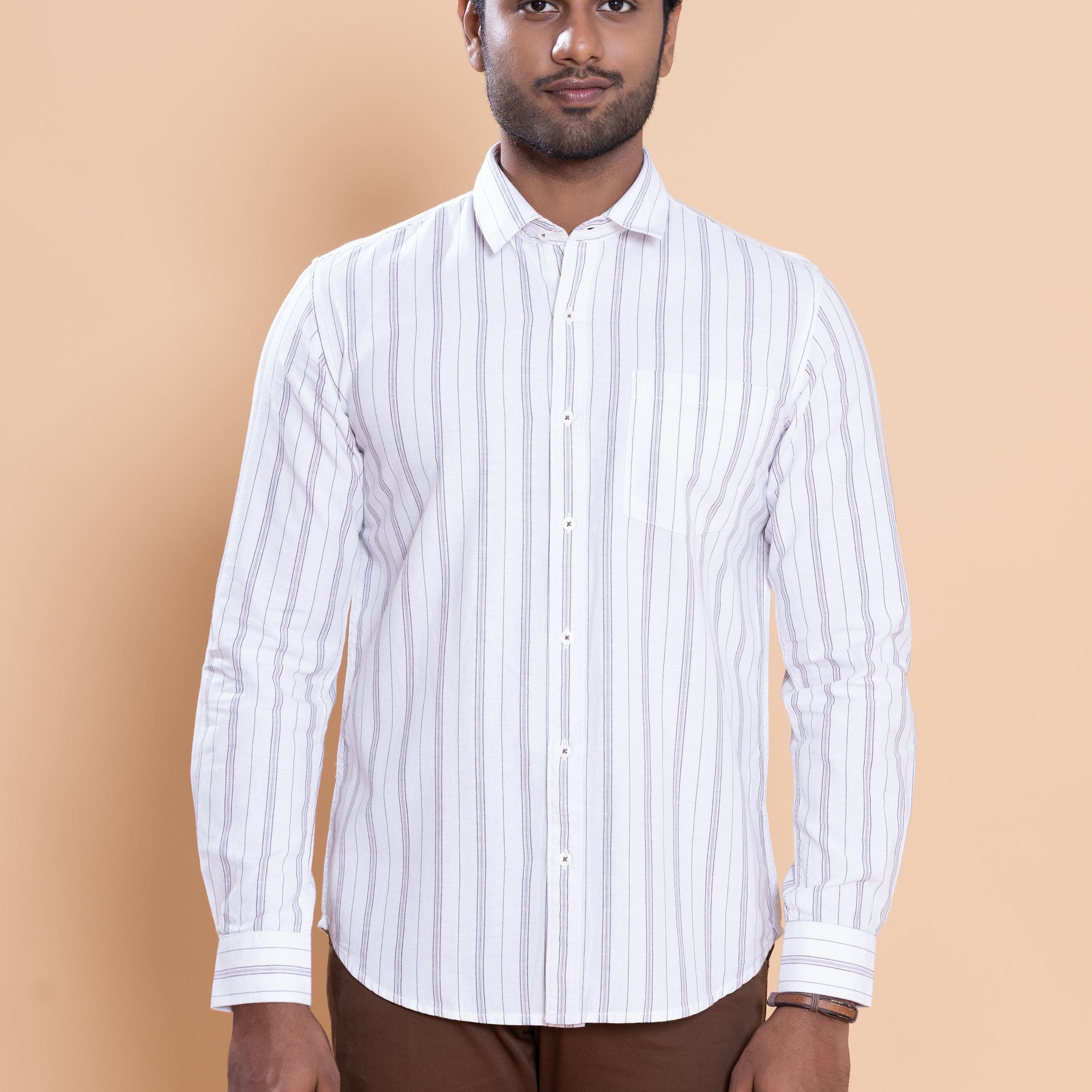 Nativebull Men Striped Full Sleeve Cotton Shirt - White