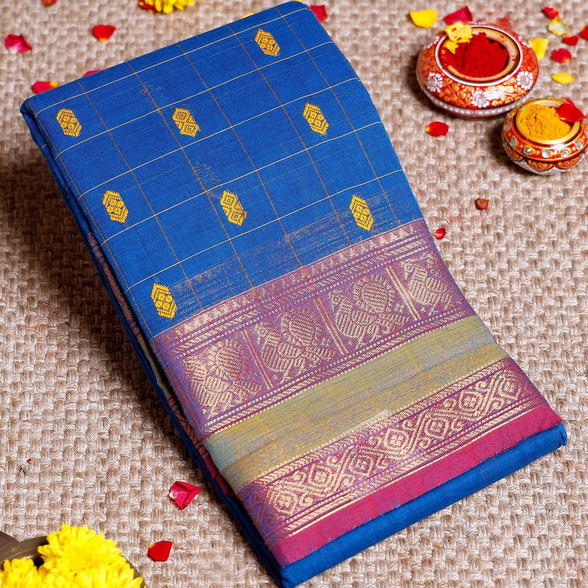 Elegant Chettinad Cotton Saree with Traditional Zari Border & Butta Motifs - Blue