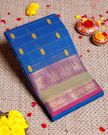 Elegant Chettinad Cotton Saree with Traditional Zari Border & Butta Motifs - Blue